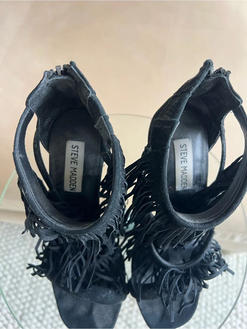 Steve Madden Fringly Fringe Heels Black Suede Stilettos Size 7.5